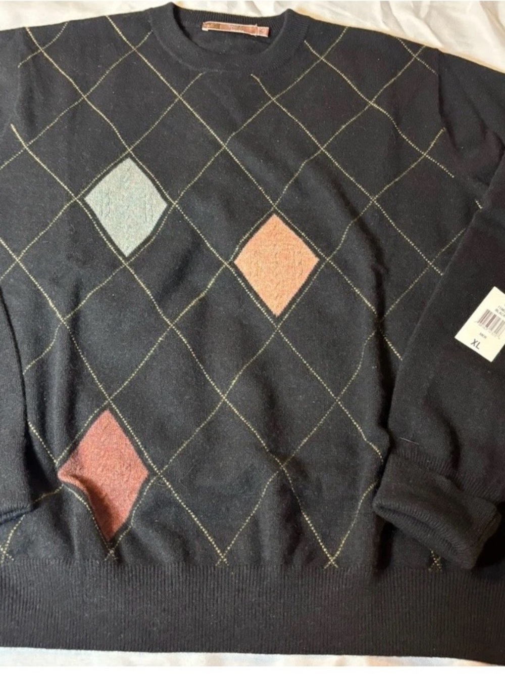 Cashmere Sweater Men's XL Raffi Argyle Diamond Casual Preppy Black Pullover